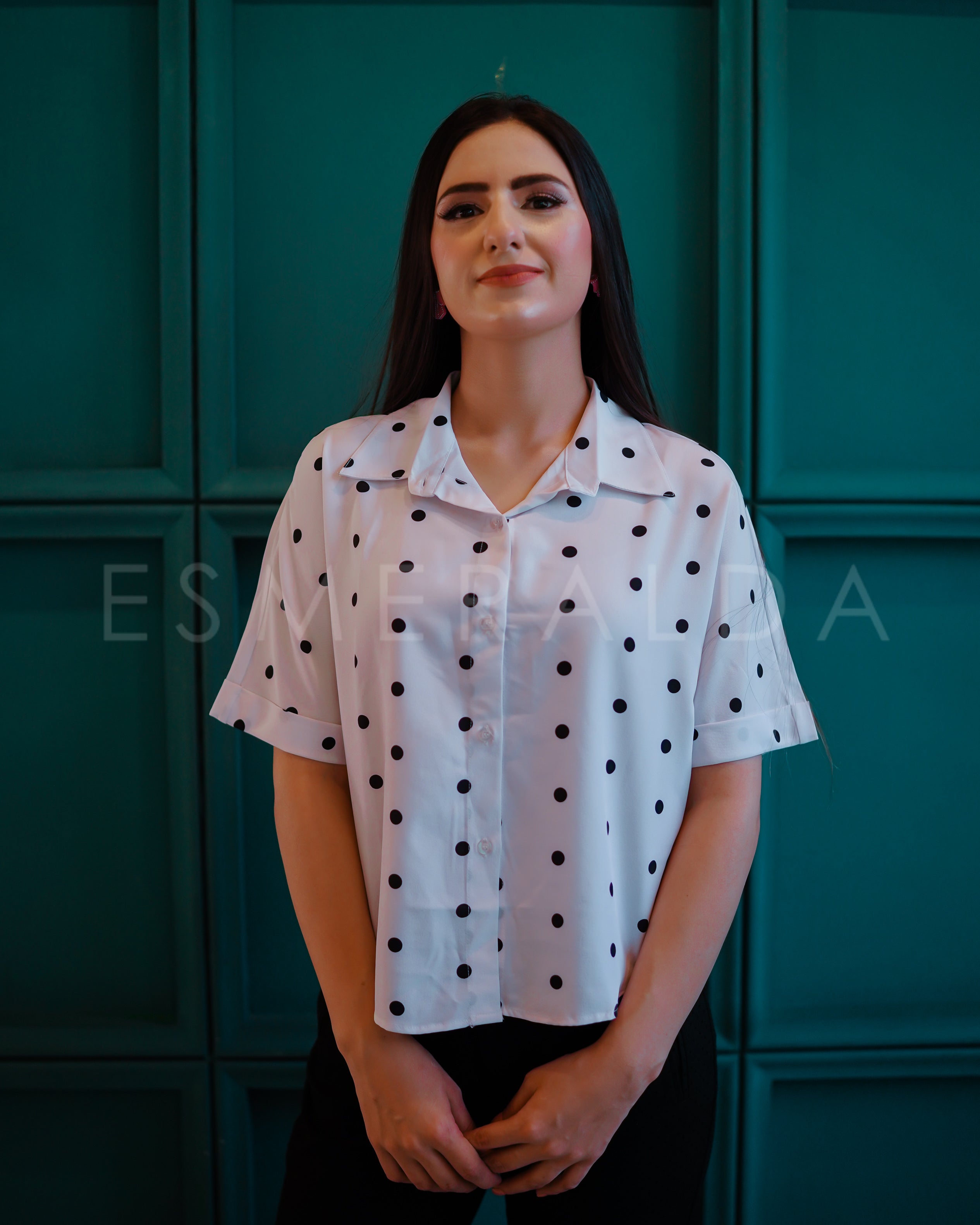 White Polka Dot Button-Up Top